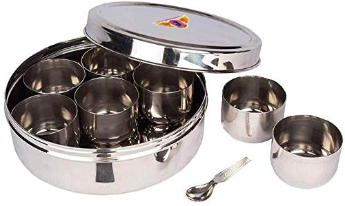 Jayam Traditional صندوق توابل ماسالا ستانلس ستيل التقليدي من جايام مع غطاء و7 حاويات وملعقة صغيرة - Image 1