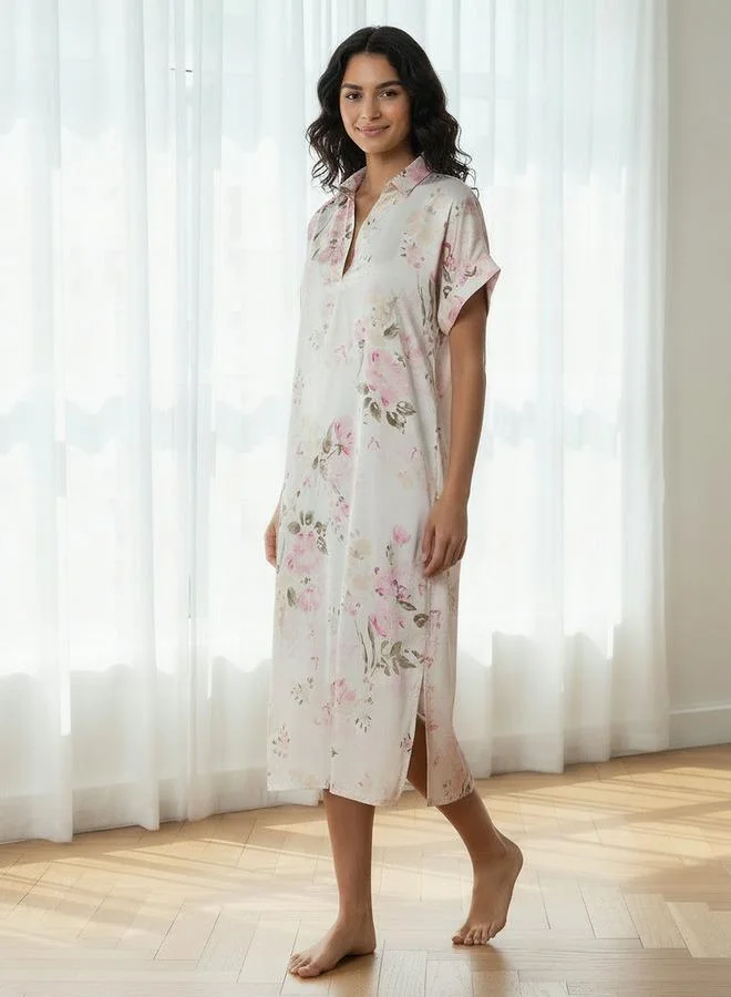 أدريا فستان نوم قصير بأكمام قصيرة وطبعة زهور