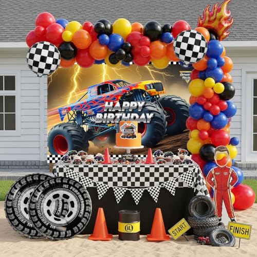 kozee Monster Truck Birthday Decorations include Red Blue Yellow Balloons Ribbon Arch Cake Paper Card Toppers Tablecloth Backdrop Truck Birthday Decor for Boys Racing Party Decoration Supplies - Image 1
