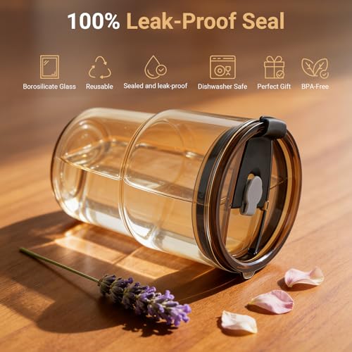 Luxfuel 16 oz Glass Tumbler with Lid & Straw, Reusable Iced Coffee Cup & Smoothie Cup, Leak-Proof Borosilicate Glass for Coffee, Iced Tea, Water – 2 Pack, Ideal for Office, Home & Travel, Iridescent - Image 2