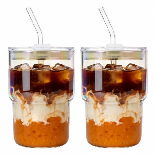 Luxfuel 16 oz Glass Tumbler with Lid & Straw, Reusable Iced Coffee Cup & Smoothie Cup, Leak-Proof Borosilicate Glass for Coffee, Iced Tea, Water – 2 Pack, Ideal for Office, Home & Travel, Iridescent - Image 1