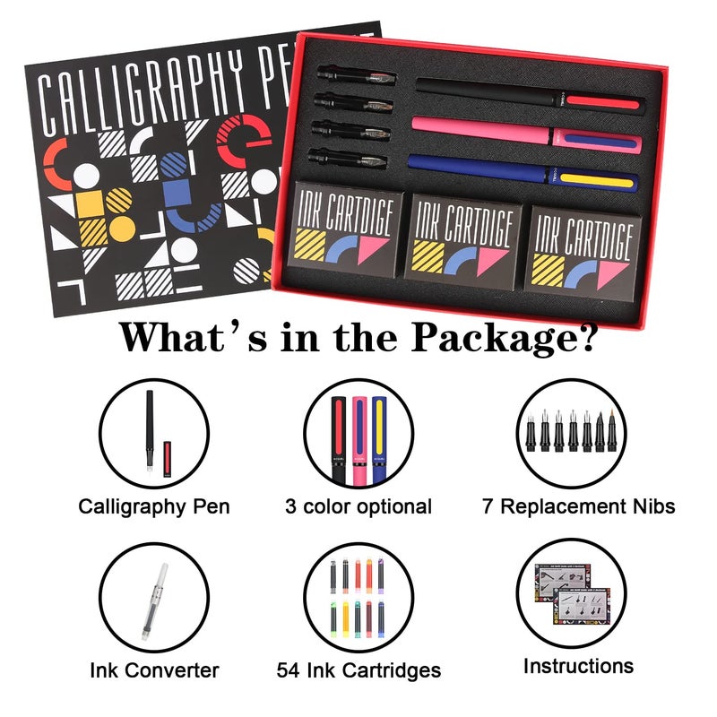 GC QUILL مجموعة أقلام الخط العربي GC QUILL 64 قطعة - مجموعة أقلام حبر سائل مع 3 أقلام حبر سائل، 7 رؤوس متنوعة، 54 خرطوشة حبر (10 ألوان) - الكتابة والرسم وممارسة الخط للمبتدئين GC-F354 - Image 2