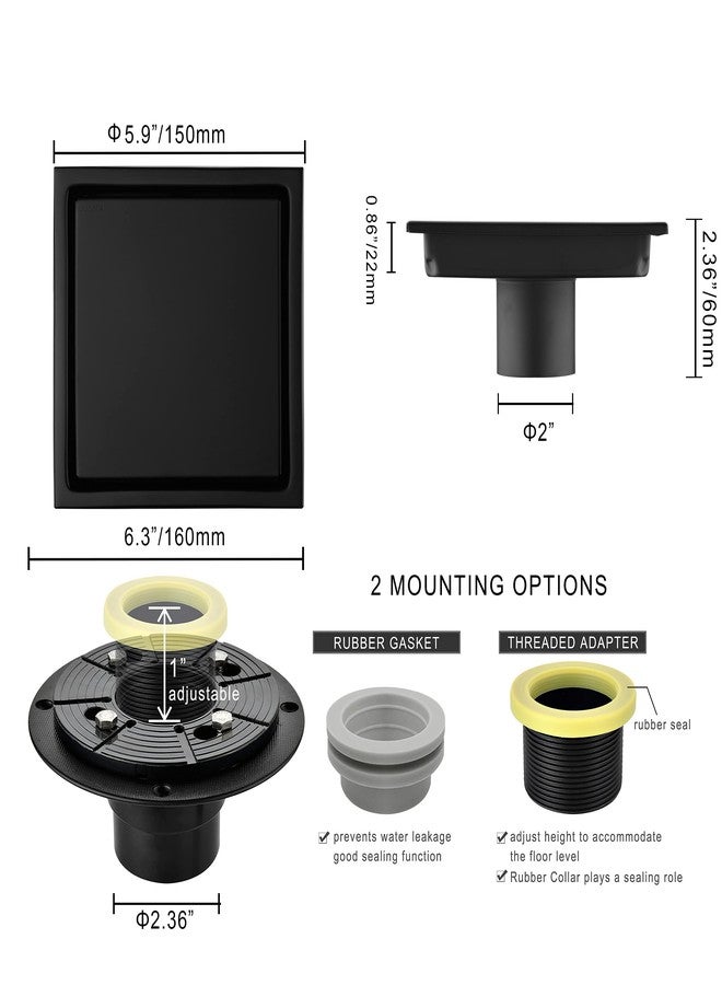 Orhemus 6 Inch Square Design Tile-in Shower Drain with Adjustable Shower Drain Base Flange, SUS 304 Stainless Steel Floor Drain with Tile Insert Grate Removable Cover, Matte Black - Image 5