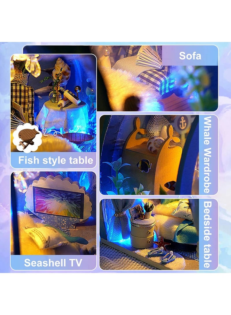 SOLARAE طقم منزل دمى مصغر DIY، طقم منزل مصغر مقياس 1:24، طقم منزل صغير مع أثاث، هدية رائعة للحرف اليدوية ليوم الأب، منزل جميل لأميرة حورية البحر - Image 2