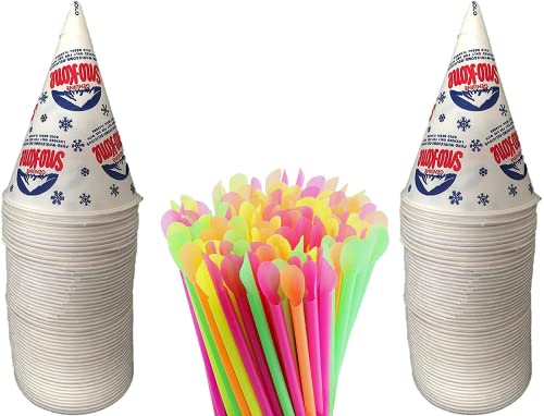 Concession Essentials 100 Count 6oz Snow Cone Cups with 100 8" Neon Spoon Straws, Pack of 200ct (100 cups/100 straws) - Image 1