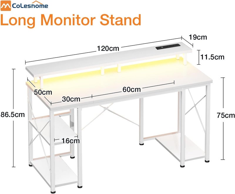 Coleshome Gaming Desk with Shelves and Monitor Stand, White, 120x50cm - Image 3
