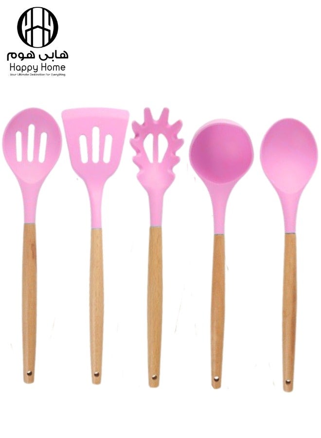 Happy Home Kitchen Utensil Set - 5 Non-Stick Silicone Cooking Utensils with Wooden Handle. BPA-Free, Silicone Spatula Set: Flat Perforated Turner, Pasta Ladle, Perforated Cooking Spoon, Non-Perforated Spoon, Soup Ladle -Pink/Wood - Image 1