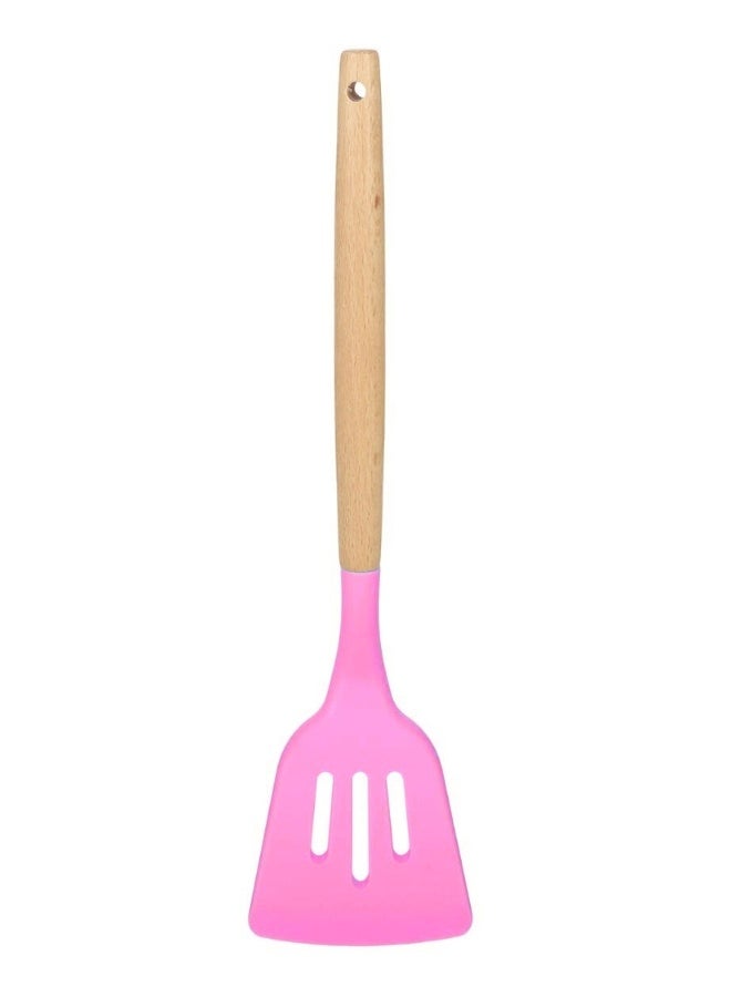 Happy Home Kitchen Utensil Set - 5 Non-Stick Silicone Cooking Utensils with Wooden Handle. BPA-Free, Silicone Spatula Set: Flat Perforated Turner, Pasta Ladle, Perforated Cooking Spoon, Non-Perforated Spoon, Soup Ladle -Pink/Wood - Image 3