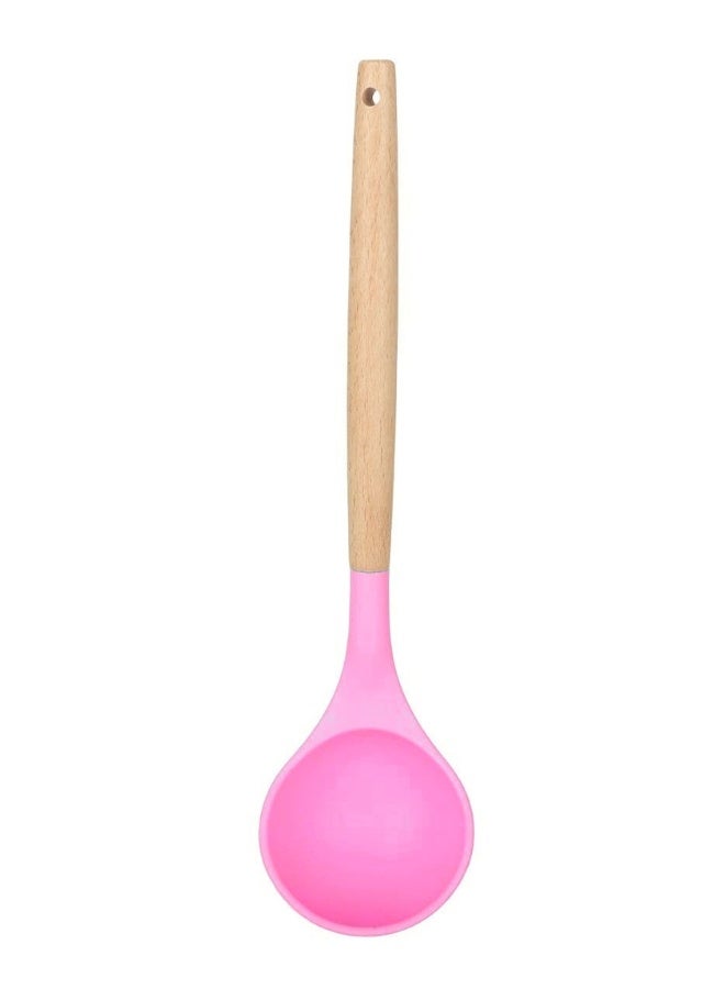 Happy Home Kitchen Utensil Set - 5 Non-Stick Silicone Cooking Utensils with Wooden Handle. BPA-Free, Silicone Spatula Set: Flat Perforated Turner, Pasta Ladle, Perforated Cooking Spoon, Non-Perforated Spoon, Soup Ladle -Pink/Wood - Image 2