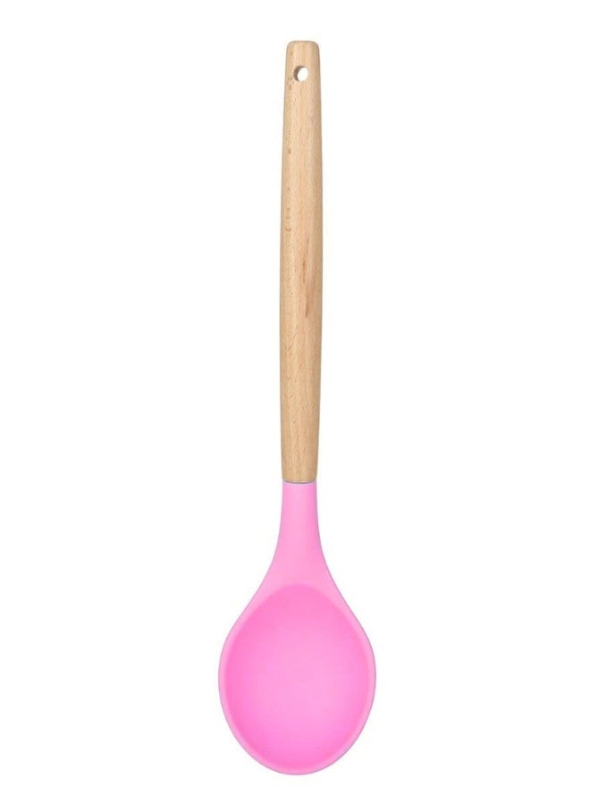 Happy Home Kitchen Utensil Set - 5 Non-Stick Silicone Cooking Utensils with Wooden Handle. BPA-Free, Silicone Spatula Set: Flat Perforated Turner, Pasta Ladle, Perforated Cooking Spoon, Non-Perforated Spoon, Soup Ladle -Pink/Wood - Image 5