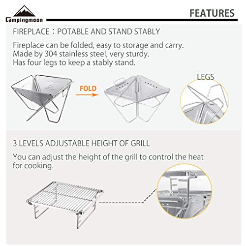 camping moon CAMPINGMOON Tabletop Small Charcoal Grill Mini Portable Fire Pit 9.65-inch Stainless Steel with Carrying Bag X-MINI-PRO - Image 3