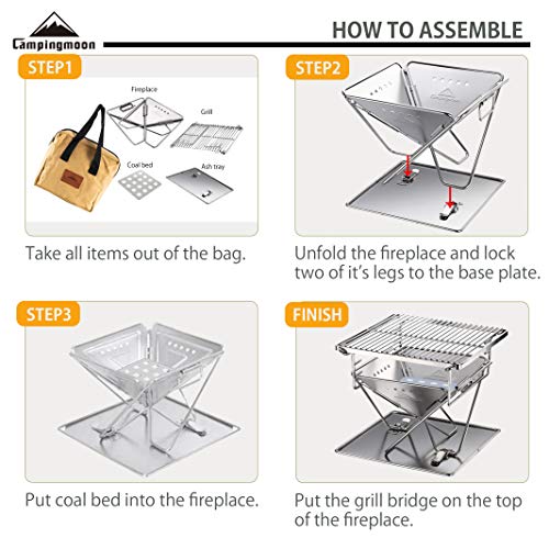 camping moon CAMPINGMOON Tabletop Small Charcoal Grill Mini Portable Fire Pit 9.65-inch Stainless Steel with Carrying Bag X-MINI-PRO - Image 4