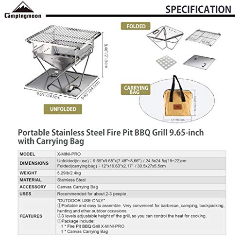 camping moon CAMPINGMOON Tabletop Small Charcoal Grill Mini Portable Fire Pit 9.65-inch Stainless Steel with Carrying Bag X-MINI-PRO - Image 2