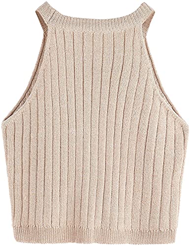 SweatyRocks Women's Knit Crop Top Ribbed Sleeveless Halter Neck Vest Tank Top Apricot L - Image 2