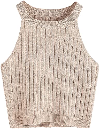 SweatyRocks Women's Knit Crop Top Ribbed Sleeveless Halter Neck Vest Tank Top Apricot L - Image 5