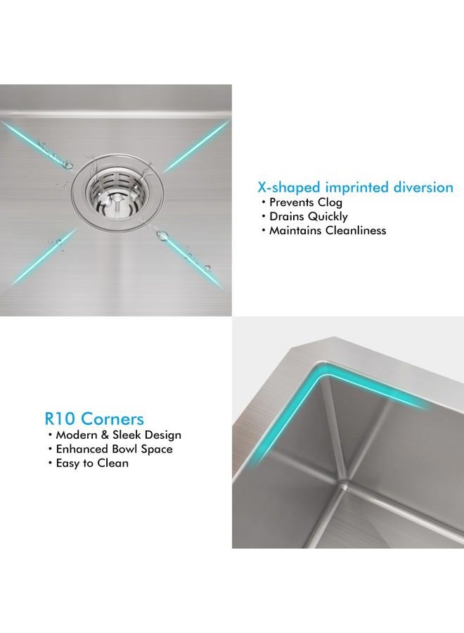 VADANIA Bar Prep Sink 18-inch, 18"x18"x10", Single Bowl, Undermount, 18 Gauge T304 Stainless Steel, Satin Finish, with Strainer & Bottom Grid, cUPC listed - Image 4