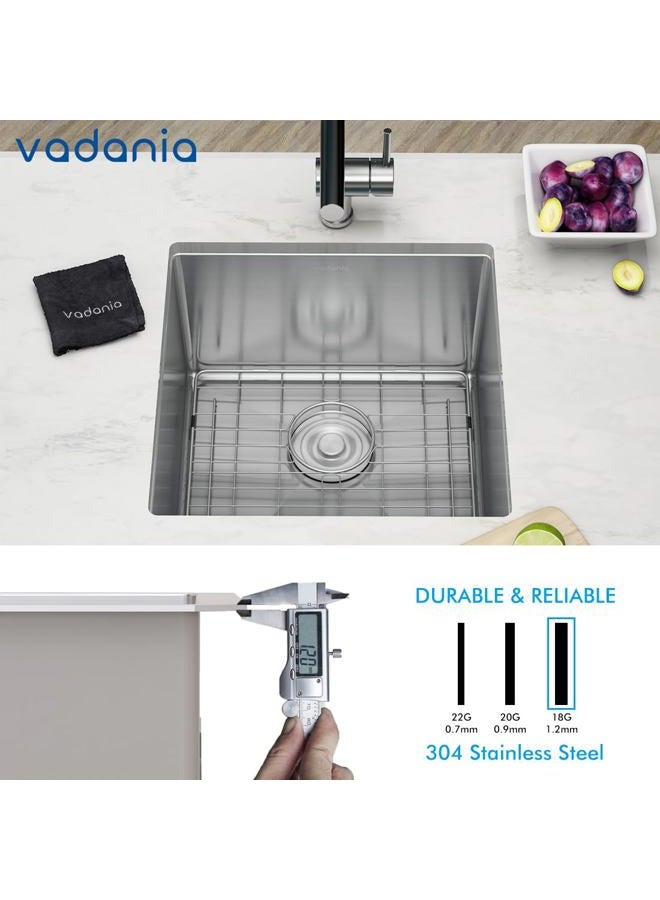 VADANIA Bar Prep Sink 18-inch, 18"x18"x10", Single Bowl, Undermount, 18 Gauge T304 Stainless Steel, Satin Finish, with Strainer & Bottom Grid, cUPC listed - Image 3