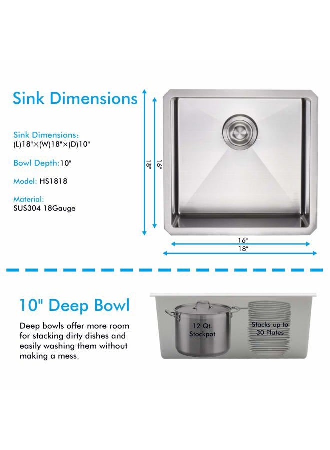 VADANIA Bar Prep Sink 18-inch, 18"x18"x10", Single Bowl, Undermount, 18 Gauge T304 Stainless Steel, Satin Finish, with Strainer & Bottom Grid, cUPC listed - Image 5