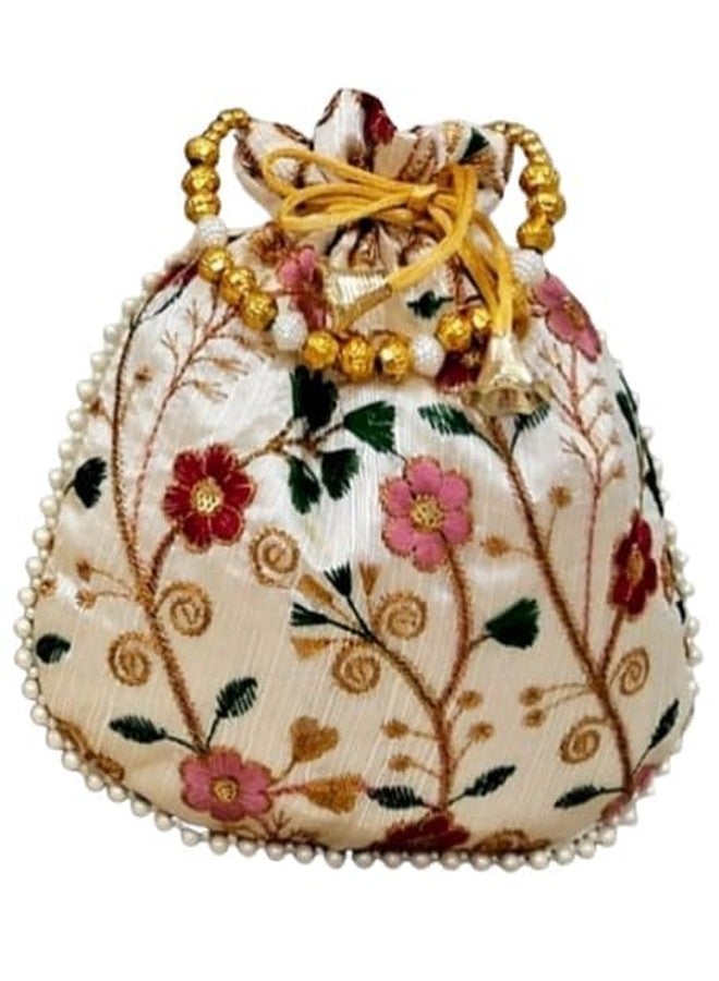 Graidient span Exquisite Silk Traditional Wedding Shagun Potli Bag with Intricate Embroidery - A Perfect Blend of Tradition and Elegance for Your Special Day (White with Side Pearl) - Image 1