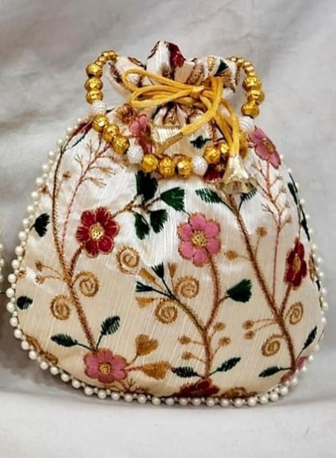 Graidient span Exquisite Silk Traditional Wedding Shagun Potli Bag with Intricate Embroidery - A Perfect Blend of Tradition and Elegance for Your Special Day (White with Side Pearl) - Image 2