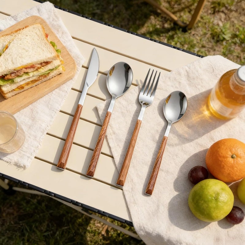 Teak Wood Handle Flatware Set, Stainless Steel Silverware, Dinner Knives Spoons Forks, Retro Design for Outdoor Use - Image 3