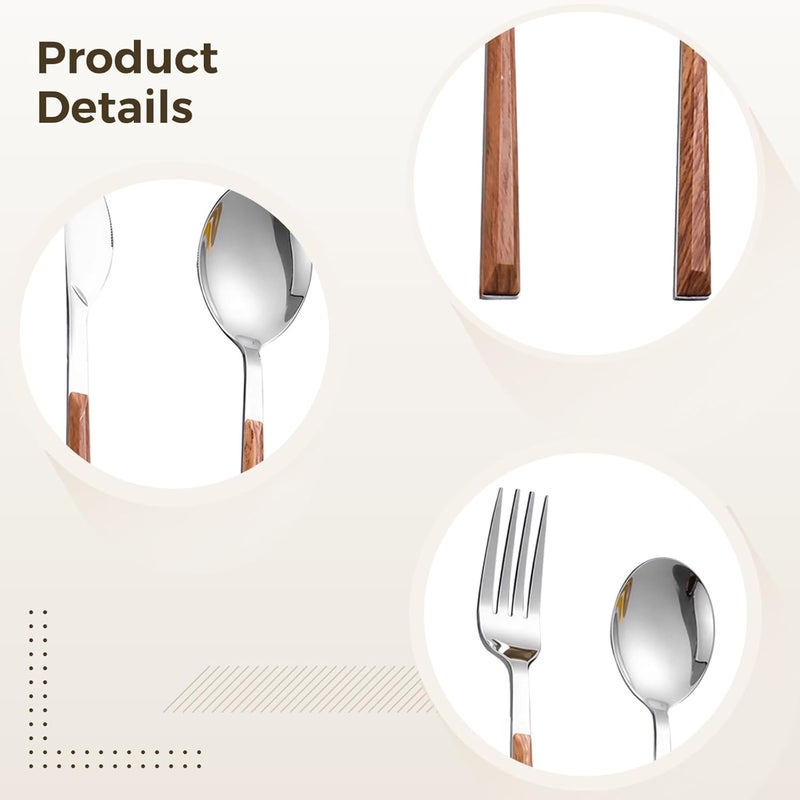 Teak Wood Handle Flatware Set, Stainless Steel Silverware, Dinner Knives Spoons Forks, Retro Design for Outdoor Use - Image 4