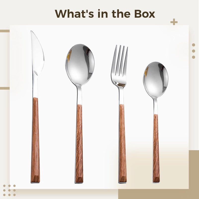 Teak Wood Handle Flatware Set, Stainless Steel Silverware, Dinner Knives Spoons Forks, Retro Design for Outdoor Use - Image 5