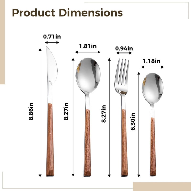 Teak Wood Handle Flatware Set, Stainless Steel Silverware, Dinner Knives Spoons Forks, Retro Design for Outdoor Use - Image 2