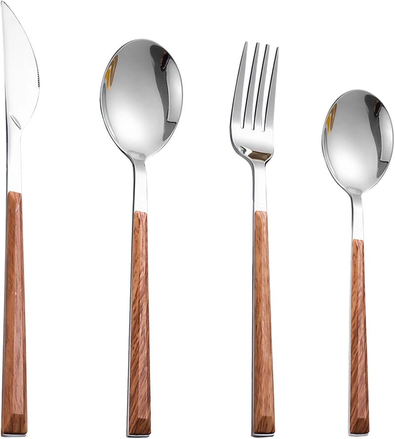 Teak Wood Handle Flatware Set, Stainless Steel Silverware, Dinner Knives Spoons Forks, Retro Design for Outdoor Use - Image 1