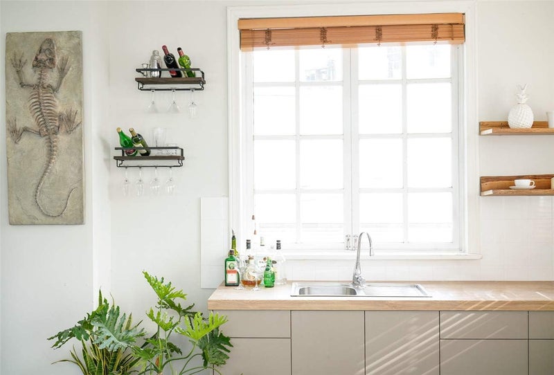 Mkono Wall Mounted Wine Rack Set of 2 Wood Rustic Wine Bottle Glass Floating Shelves with Stemware Hanger Modern Plants Photos Wine Display Storage Holder for Kitchen Dining Room Bar, 17 Inch - Image 2