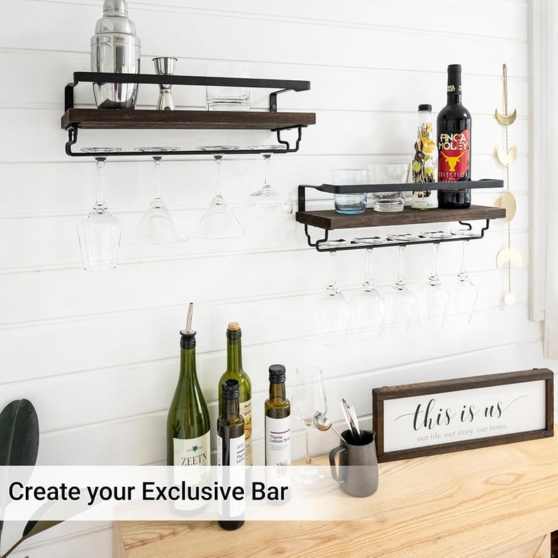 Mkono Wall Mounted Wine Rack Set of 2 Wood Rustic Wine Bottle Glass Floating Shelves with Stemware Hanger Modern Plants Photos Wine Display Storage Holder for Kitchen Dining Room Bar, 17 Inch - Image 1