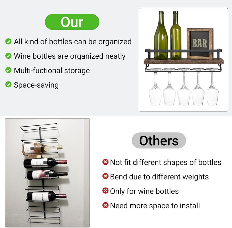 Mkono Wall Mounted Wine Rack Set of 2 Wood Rustic Wine Bottle Glass Floating Shelves with Stemware Hanger Modern Plants Photos Wine Display Storage Holder for Kitchen Dining Room Bar, 17 Inch - Image 5