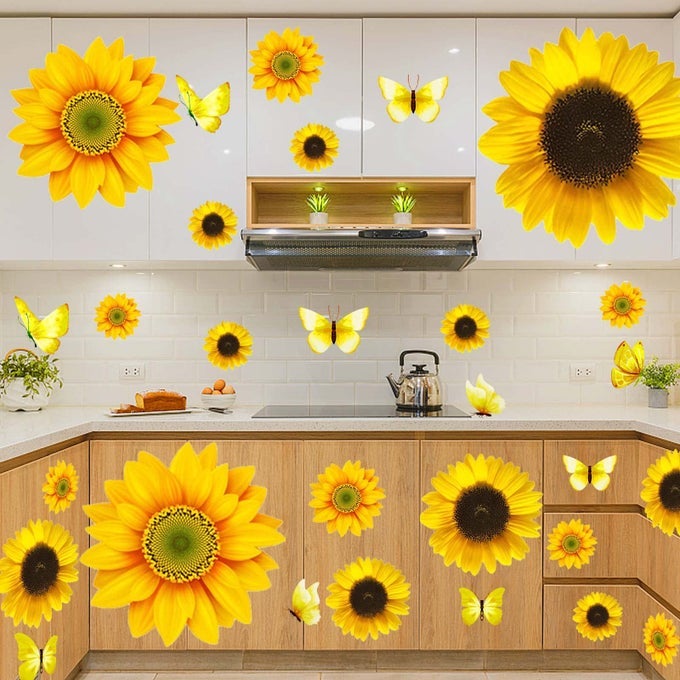 54 PCS 3D SUNFLOWERS AND BUTTERFLY WALL STICKERS DECOR LARGE SUNFLOWER WALL DECALS PEEL AND STICK YELLOW FLOWERS STICKERS FOR HOME KITCHEN BEDROOM BATHROOM LIVING ROOM DECORATIONS