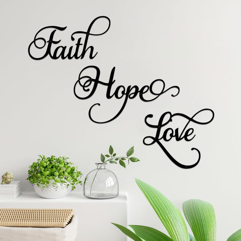 ESTART Faith Hope Love 3 Pieces Metal Wall Decor Inspirational Black Letter Sign Wall Art Rustic Vintage Farmhouse Word Metal Sign Family Wall Decor for Home Bedroom Living Room - Image 2
