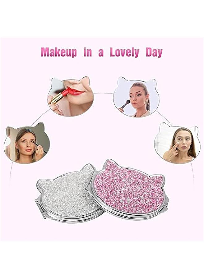 BWSJ Pocket  Mirrors for Purse  Cute Kawaii Cat Design  DoubleSided Makeup Mirror  2X 1X Magnifying  Pink and Sier  Women Girls Kids - Image 3