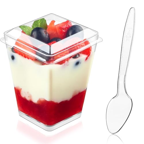Kucoele 50 Pack 5 oz Plastic Dessert Cups with Lids and Spoons, Clear Parfait Cups Pudding Cups Mini Party Serving Cups for Appetizer Fruit Yogurt Ice Cream - Image 1