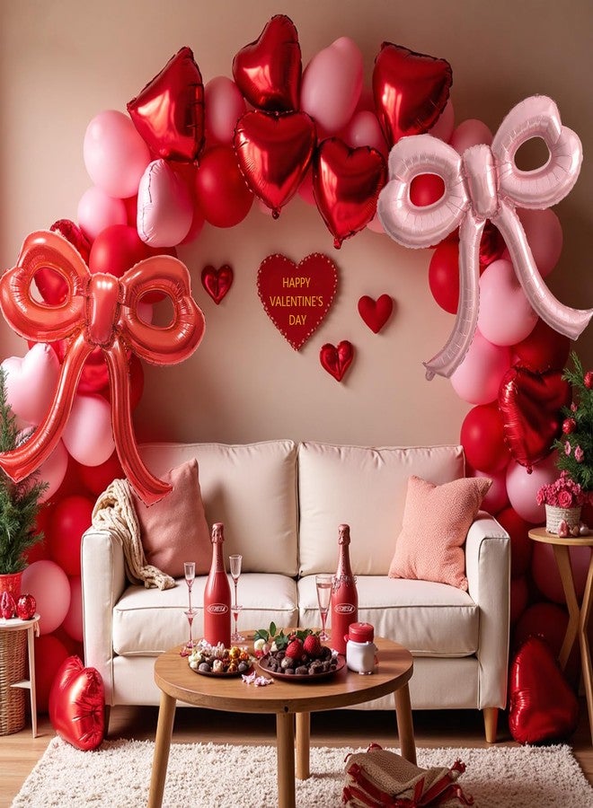 زينة عيد الحب، 4 قطع من بالونات عيد الحب الحمراء والوردية للبنات والسيدات، بالونات مزينة بفيونكة وردية، زينة عيد ميلاد مزينة بفيونكة، زينة يوم الصديقات، زينة ليلة البنات، لوازم حفلات توديع العزوبية - Image 5