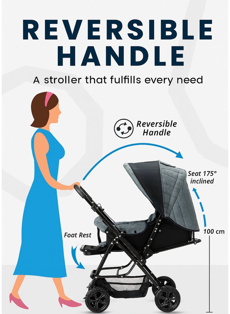 Foldable Baby Stroller – Reversible Handle, Multi-Position Recline, Shock Absorbing Wheels, Extendable Canopy, Storage Basket – For Newborn to 5 Years (Up to 20 kg) - Image 3