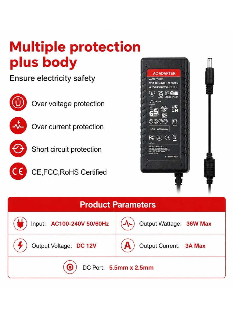 CABLE CONV UK Adapter 12V 3A Power Supply with Power Cable – 36W AC/DC Adapter for CCTV Cameras, LED Strip Lights, Routers & LCD Monitors - Image 3