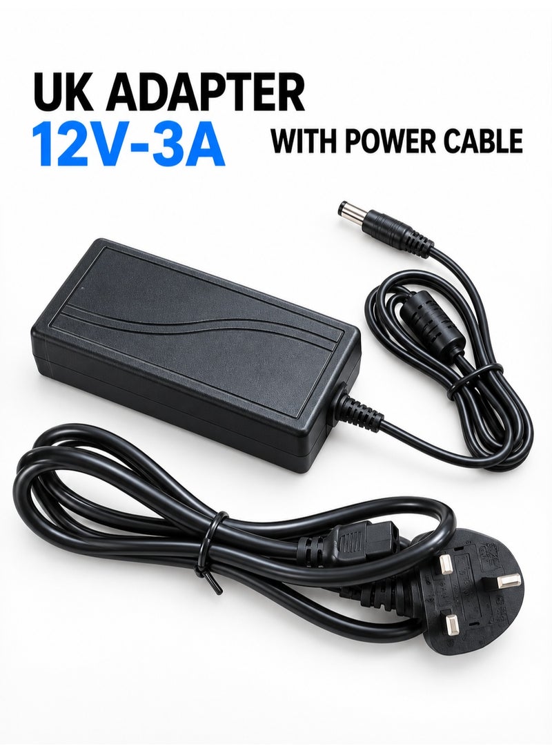 CABLE CONV UK Adapter 12V 3A Power Supply with Power Cable – 36W AC/DC Adapter for CCTV Cameras, LED Strip Lights, Routers & LCD Monitors - Image 1