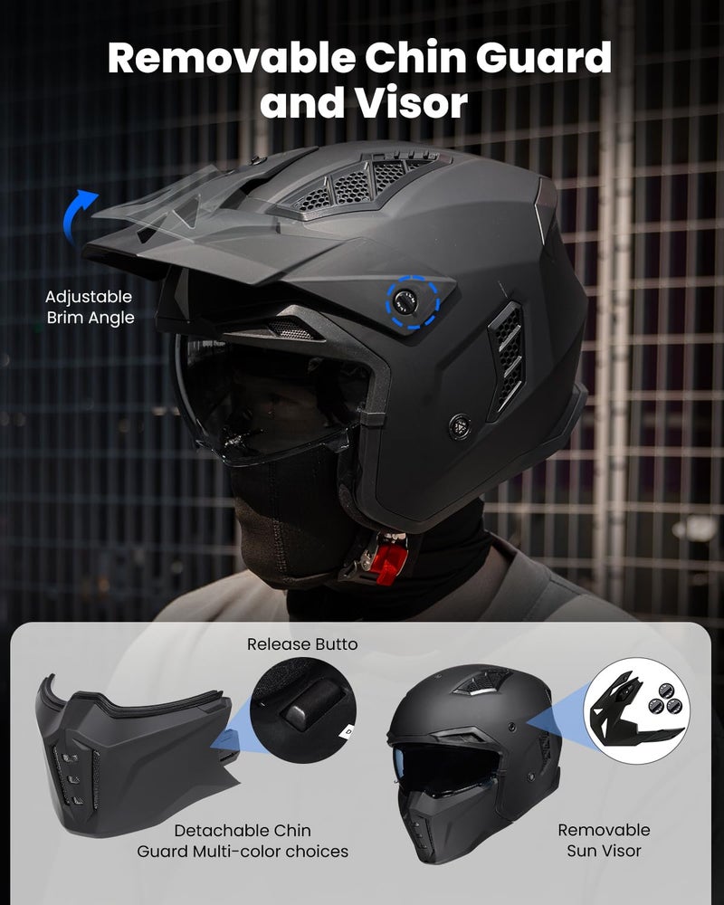 ILM خوذة دراجة نارية مفتوحة الوجه 3/4 للرجال والنساء، خوذة عتيقة مع واقي للوجه لدراجة مائية ATV سكوتر طراز DOT Z302 (أسود غير لامع، متوسط) - Image 2