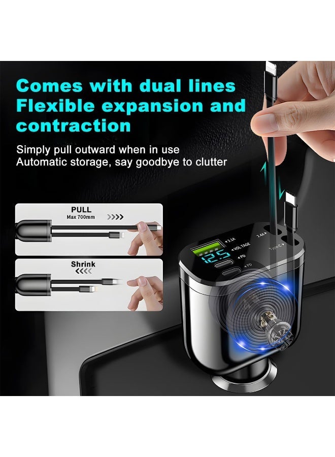 FDTY محول شاحن سيارة قابل للسحب 5 في 1 منفذ شحن سريع PD و USB مطور شاحن سيارة USB-C عالمي لأجهزة iPhone و Android - Image 2