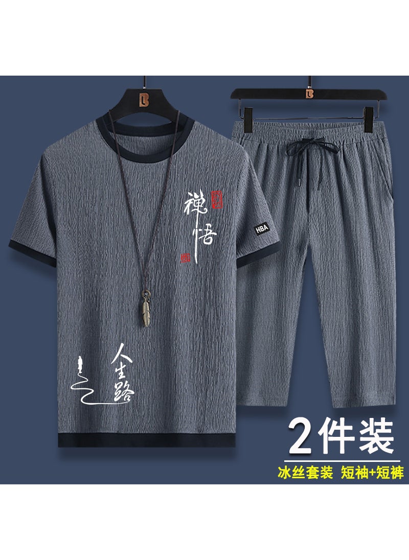 Generic Mens Summer Casual Sportswear Ice Silk Set 555 Zen enlightenment suit gray 