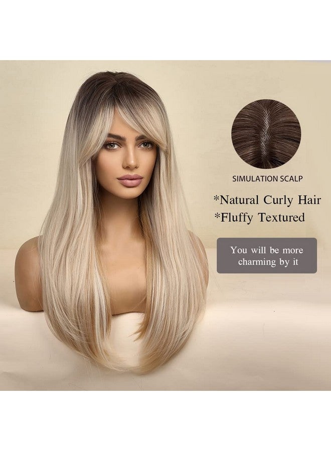 اسمي شعر مستعار أشقر أومبير طويل مستقيم بطول 60.96 سم مع غرة للنساء، باروكات شعر اصطناعية طبيعية فراق جانبي مع جذور داكنة للارتداء اليومي للحفلات التنكرية - Image 2