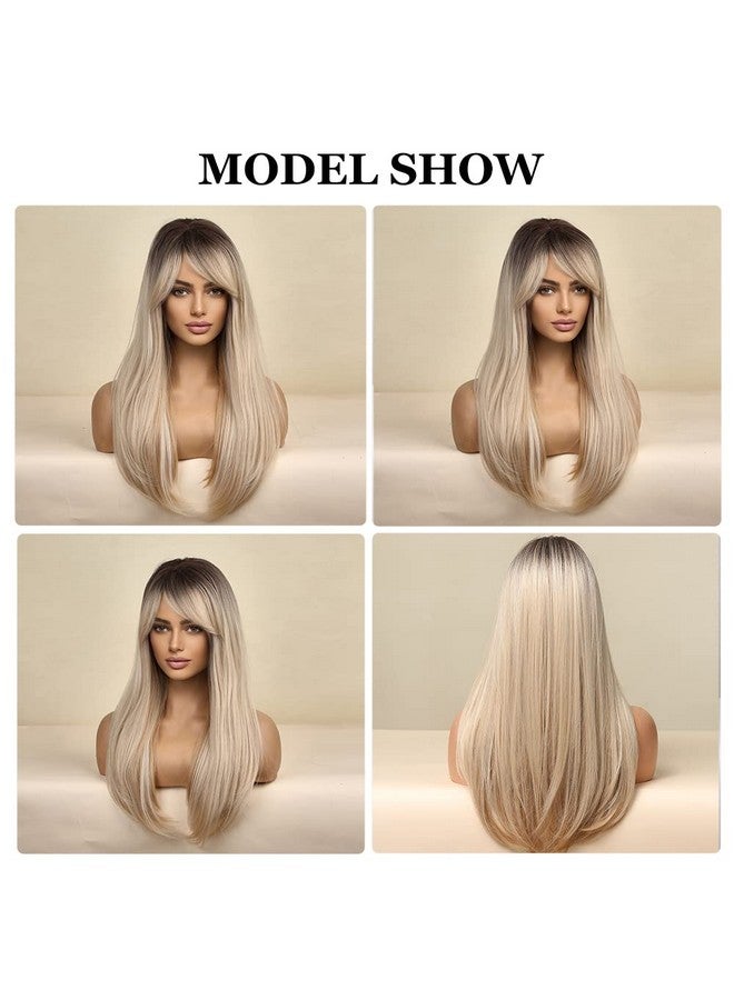 اسمي شعر مستعار أشقر أومبير طويل مستقيم بطول 60.96 سم مع غرة للنساء، باروكات شعر اصطناعية طبيعية فراق جانبي مع جذور داكنة للارتداء اليومي للحفلات التنكرية - Image 5