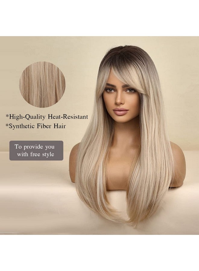 اسمي شعر مستعار أشقر أومبير طويل مستقيم بطول 60.96 سم مع غرة للنساء، باروكات شعر اصطناعية طبيعية فراق جانبي مع جذور داكنة للارتداء اليومي للحفلات التنكرية - Image 3