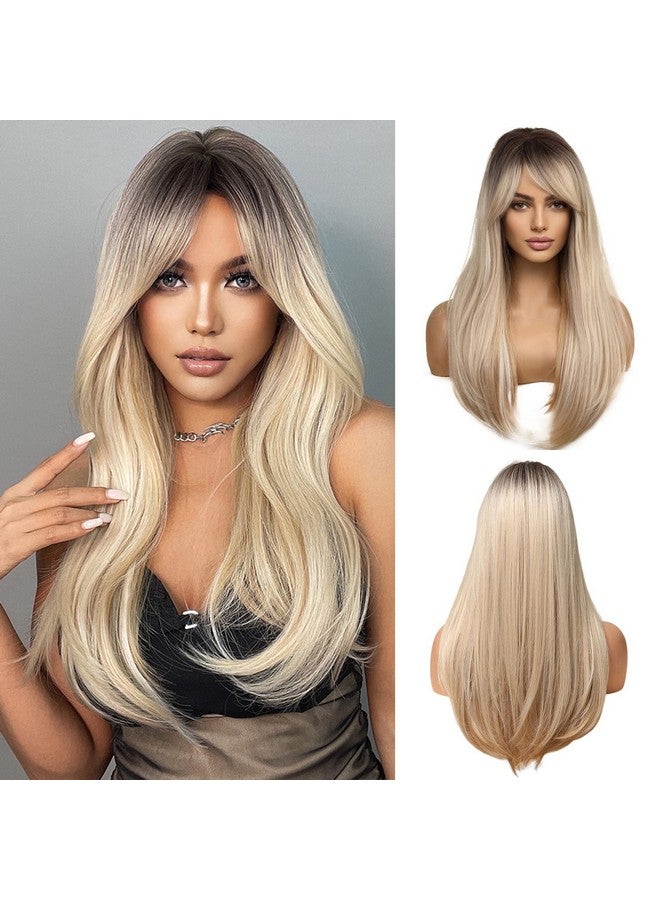 اسمي شعر مستعار أشقر أومبير طويل مستقيم بطول 60.96 سم مع غرة للنساء، باروكات شعر اصطناعية طبيعية فراق جانبي مع جذور داكنة للارتداء اليومي للحفلات التنكرية - Image 1