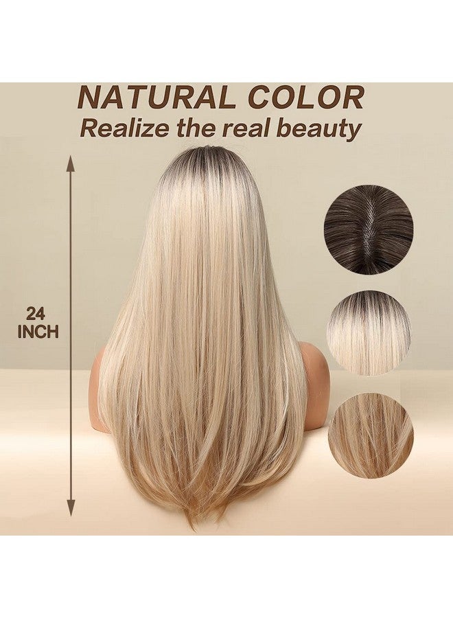 اسمي شعر مستعار أشقر أومبير طويل مستقيم بطول 60.96 سم مع غرة للنساء، باروكات شعر اصطناعية طبيعية فراق جانبي مع جذور داكنة للارتداء اليومي للحفلات التنكرية - Image 4
