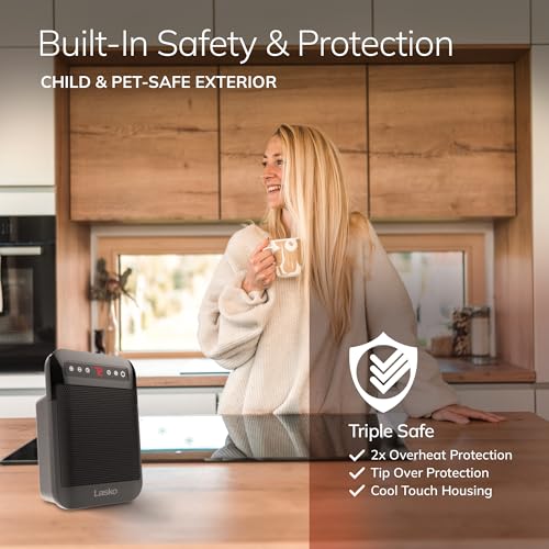 Lasko MyHeat Max Portable Ceramic Space Heater, Tip Over Switch, Overheat Protection, 2 Heat Settings, Adjustable Thermostat, Timer, for Indoor Use, Home, Office, 9 Inches, 1500W, Black, CD09101 - Image 3