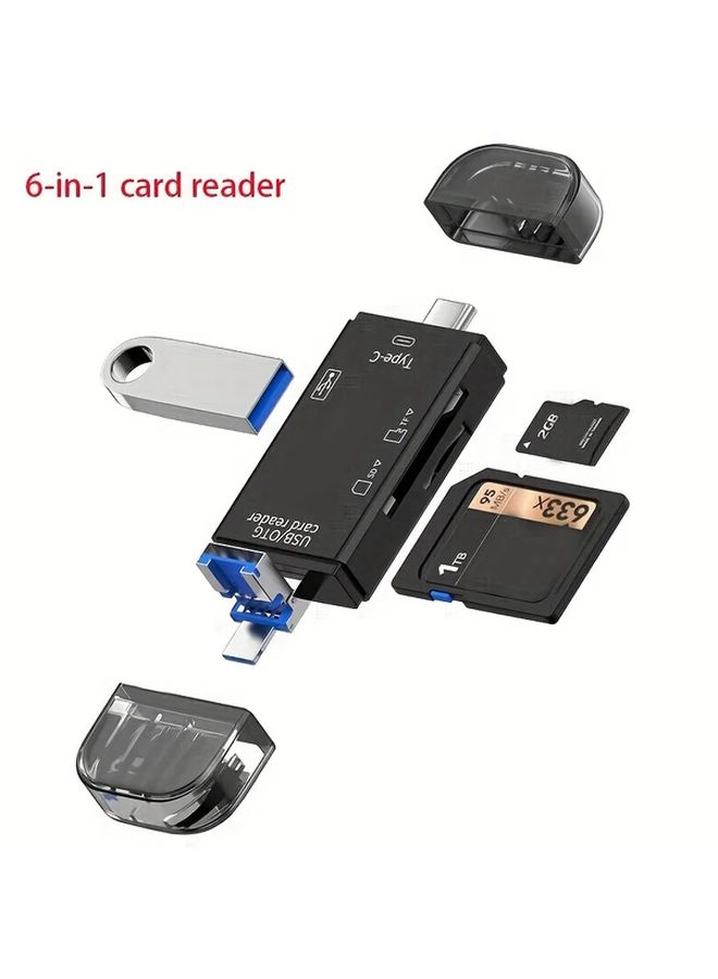 Black 6 in 1 USB C OTG Card Reader for SD TF Memory Card Photo Sharing Movie Watching - Image 1